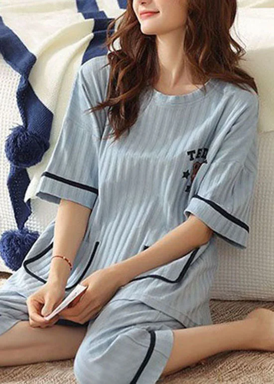 Simple Blue O-Neck Pockets Cotton Pajamas Two Pieces Set Summer