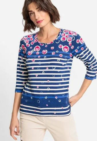 Stripe Round Neck 3/4 Sleeve Top