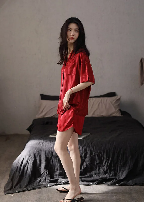 Style Red Peter Pan Collar Striped Ice Silk Couple Pajamas Two Piece Set Summer