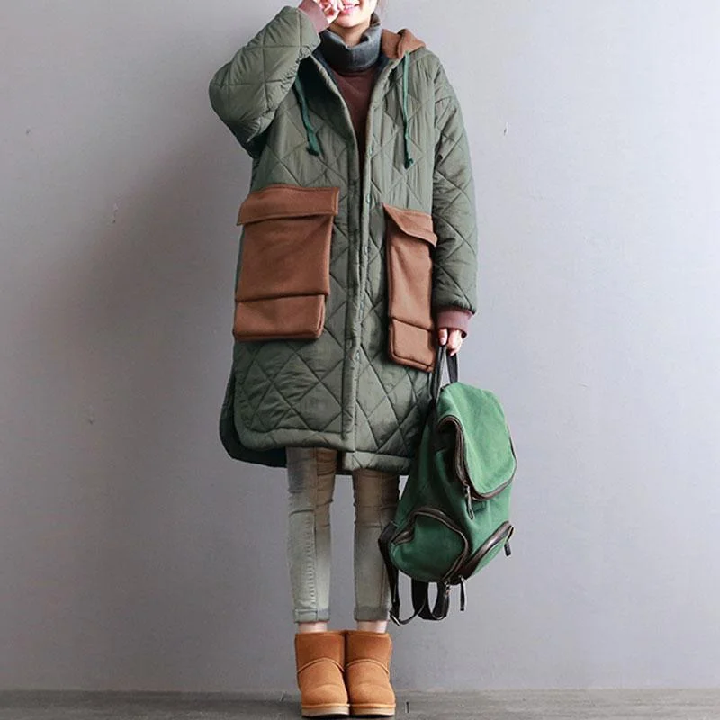 thick army green women oversized hooded drawstring Coats patchwork Large pockets winter coats