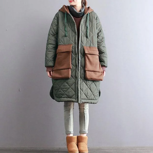 thick army green women oversized hooded drawstring Coats patchwork Large pockets winter coats