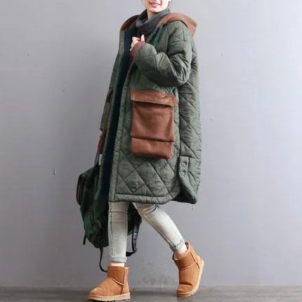 thick army green women oversized hooded drawstring Coats patchwork Large pockets winter coats