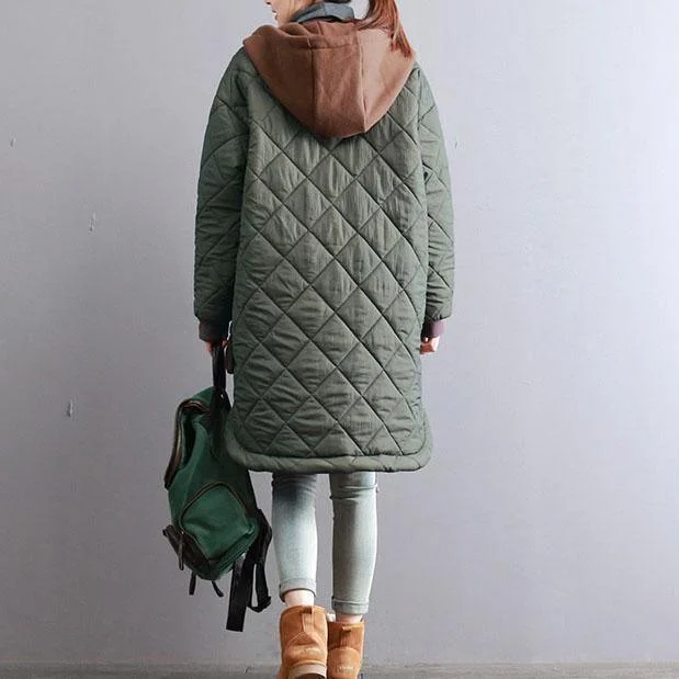 thick army green women oversized hooded drawstring Coats patchwork Large pockets winter coats