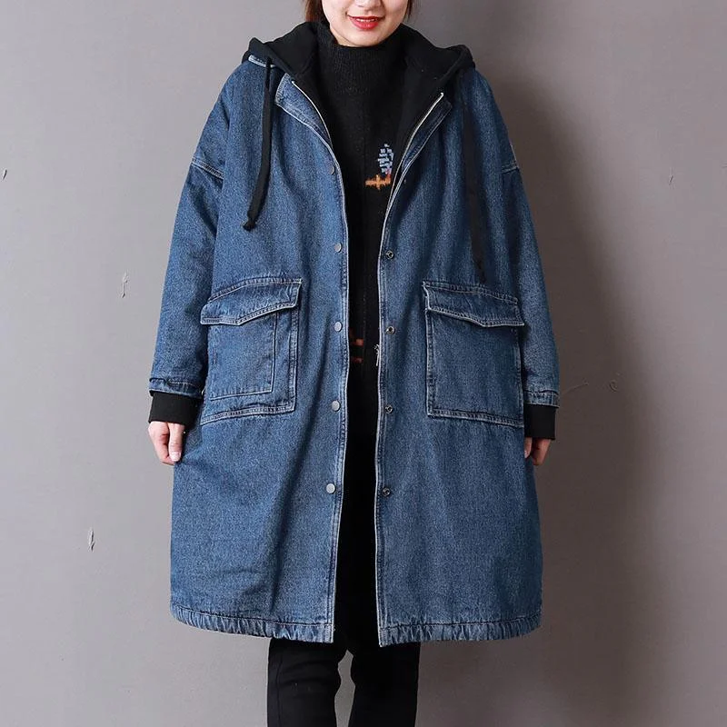 top quality denim blue womens plus size clothing hooded winter jacket thick pockets zippered winter outwear