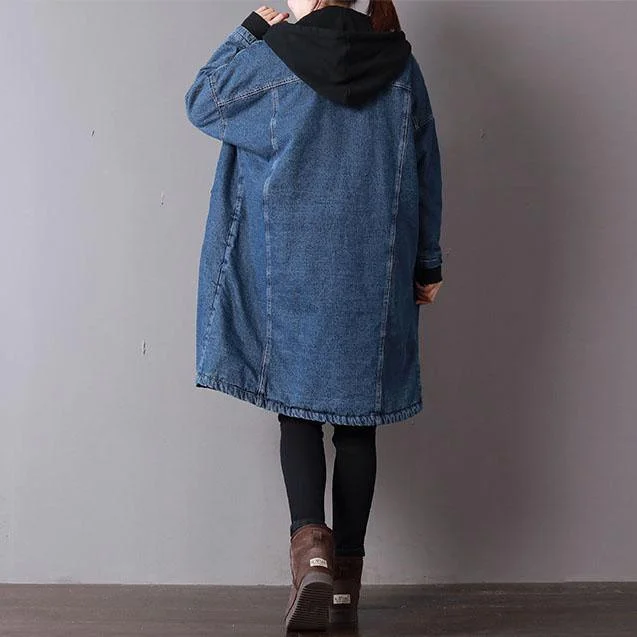 top quality denim blue womens plus size clothing hooded winter jacket thick pockets zippered winter outwear