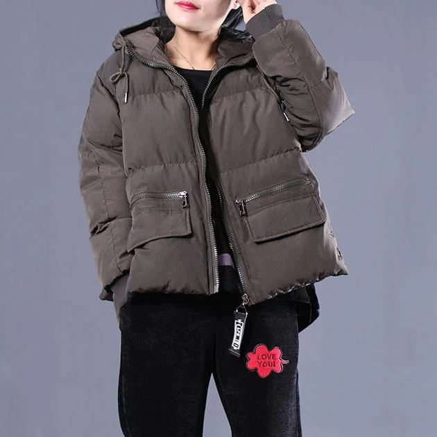 Warm army green quilted coat casual hooded zippered cotton jacket Elegant pockets patchwork coats