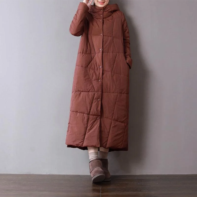 Warm burgundy women parka plus size hooded down Fine pockets winter outwear