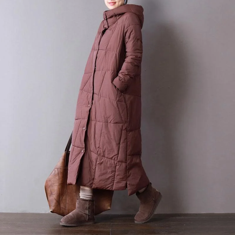 Warm burgundy women parka plus size hooded down Fine pockets winter outwear