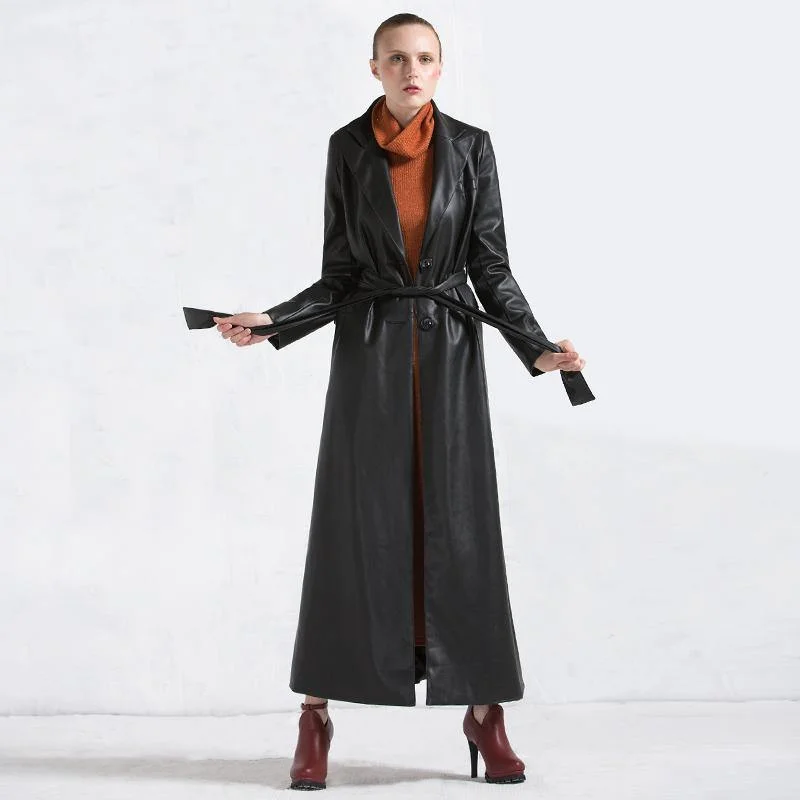 winter fashion women leather coats black tie waist PU trench coat parka