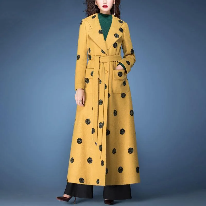 winter fashion woolen blended  yellow dotted prints coats slim fit tie waist maxi trench coat