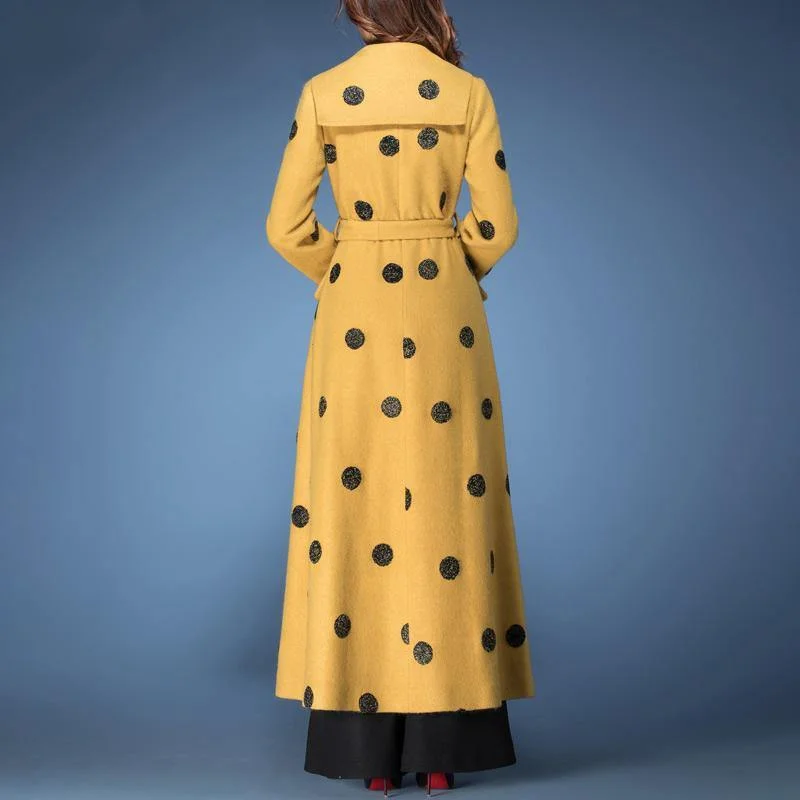 winter fashion woolen blended  yellow dotted prints coats slim fit tie waist maxi trench coat