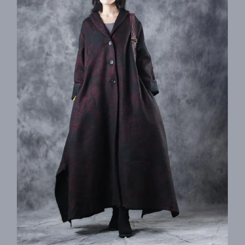 Women Burgundy Woolen Coats Trendy Plus Size Notched Outwear Vintage Large Hem Asymmetric Long Coats