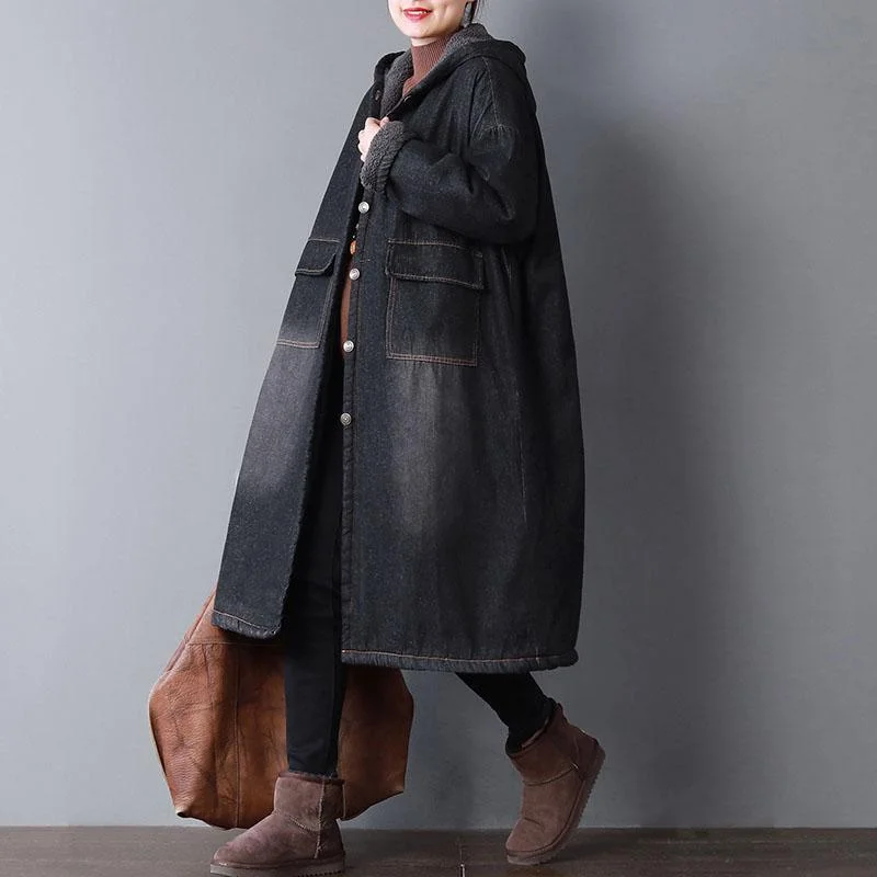 women denim black parkas oversized hooded warm winter coat Warm pockets thick outwear