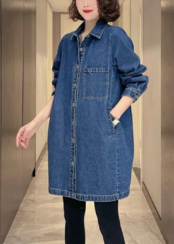 Women Denim Blue Pockets Patchwork Button Coat Fall