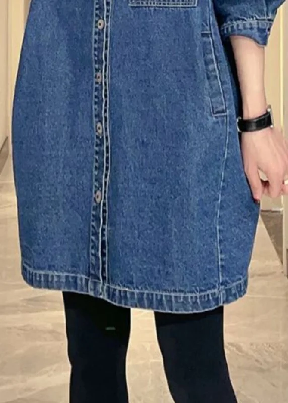 Women Denim Blue Pockets Patchwork Button Coat Fall