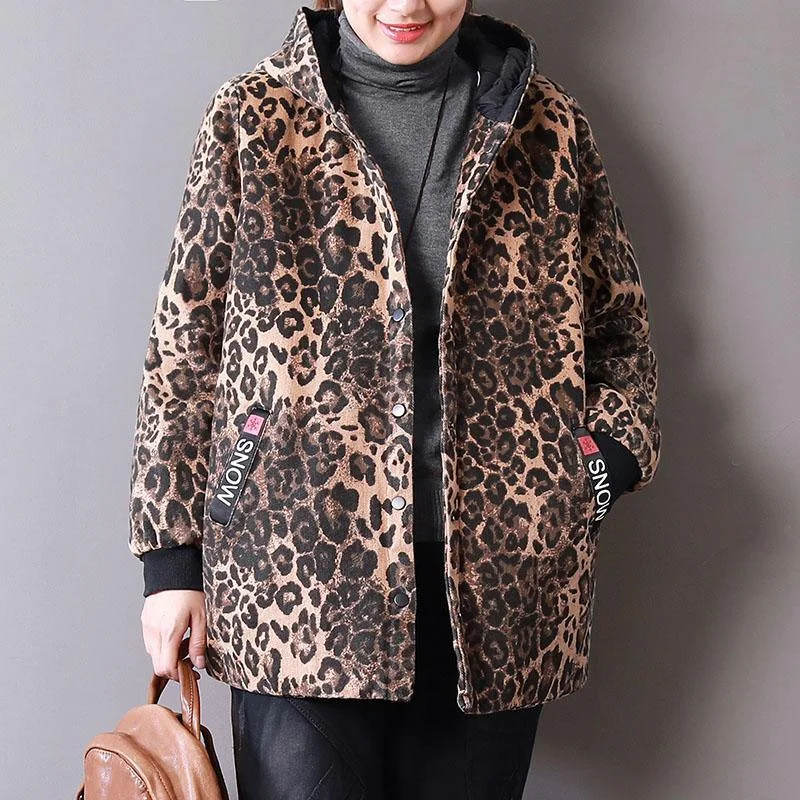 women Leopard spring cotton tops casual cotton hooded tops pockets coat