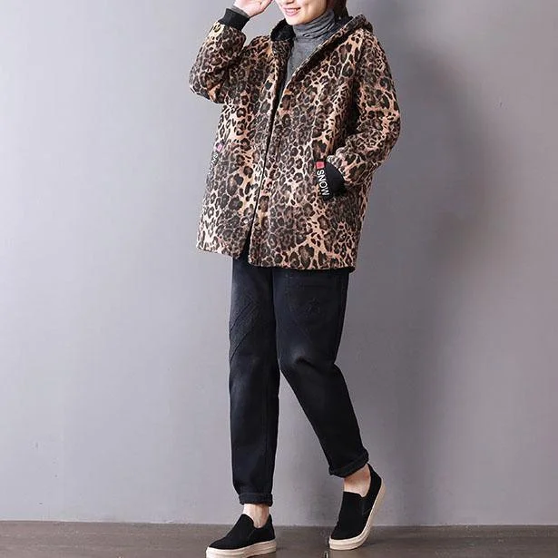 women Leopard spring cotton tops casual cotton hooded tops pockets coat