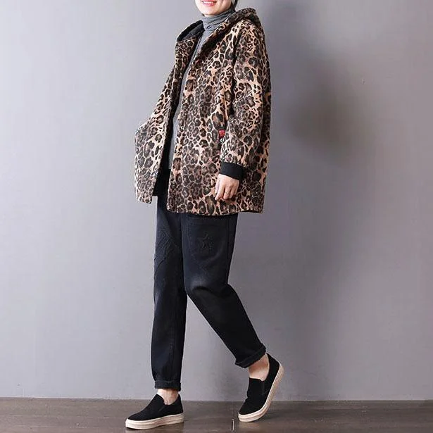 women Leopard spring cotton tops casual cotton hooded tops pockets coat