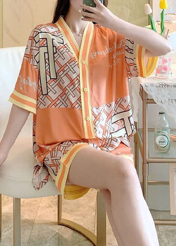 Women Orange V Neck Patchwork Print Ice Silk Pajamas Two Piece Set Summer