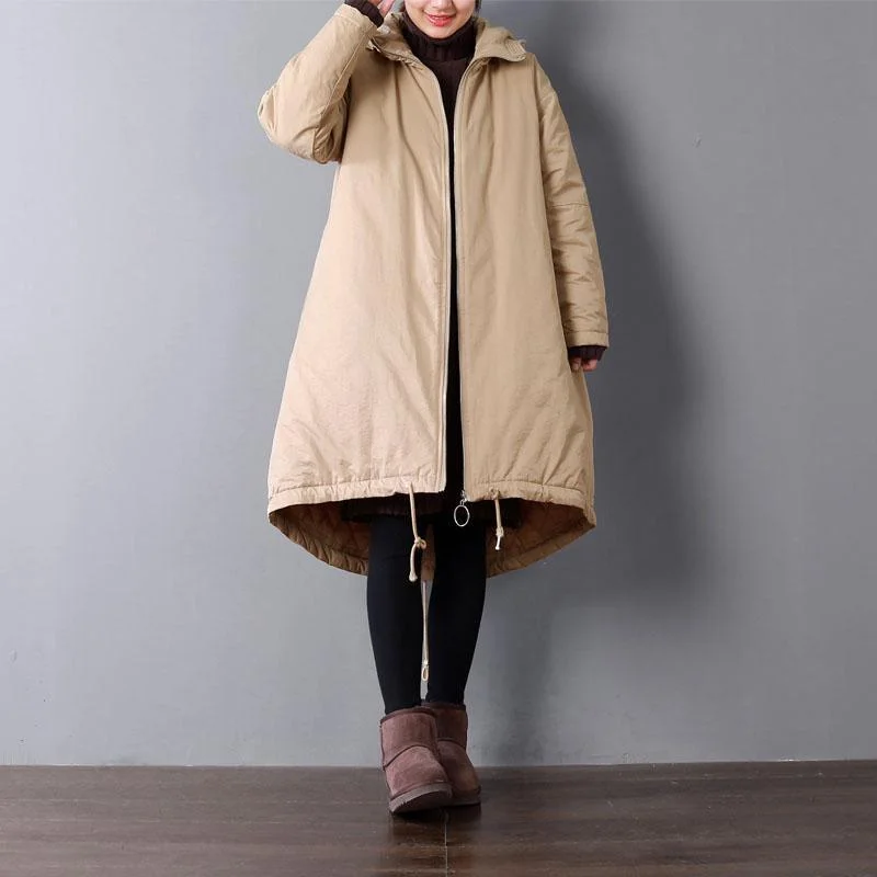 women plus size hooded warm winter coat brown pockets drawstring winter coats