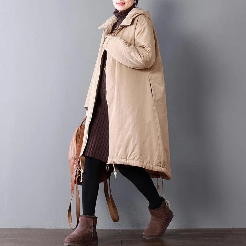 women plus size hooded warm winter coat brown pockets drawstring winter coats