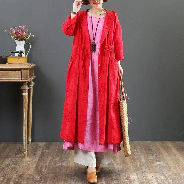 women red hooded coat for woman plus size  fall trench coats drawstring