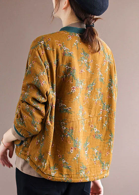 Yellow Print Fine Cotton Filled Coat Stand Collar Long Sleeve