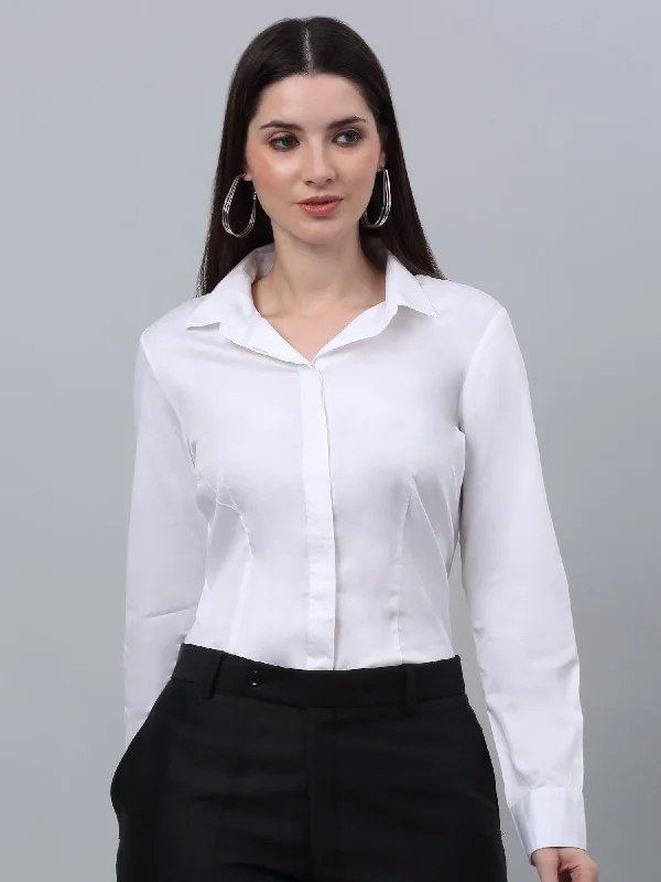 Cantabil Cotton Solid Full Sleeve Regular Fit White Formal Shirt for Women