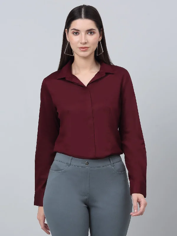 Cantabil Cotton Solid Full Sleeve Regular Fit Wine Formal Shirt for Women