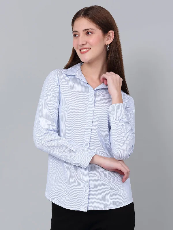 Cantabil Women's Sky Blue Striped Formal Shirt