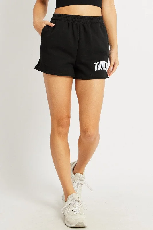 Black Track Shorts High Rise Elastic Waist