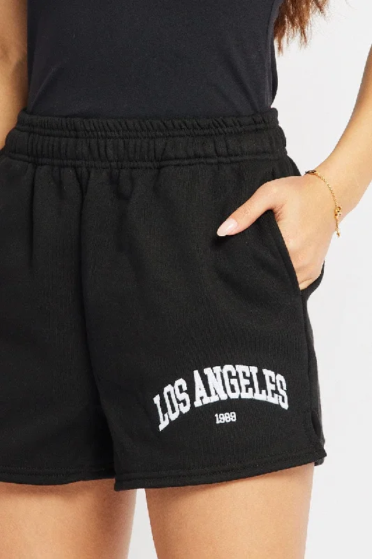 Black Track Shorts High Rise Elastic Waist