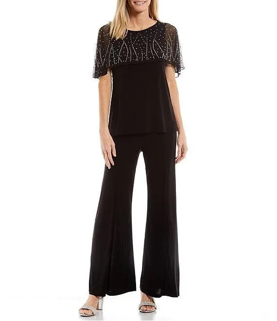 women's halter dressesMarina Formal Beaded Short capelet Sleeve Pant Set