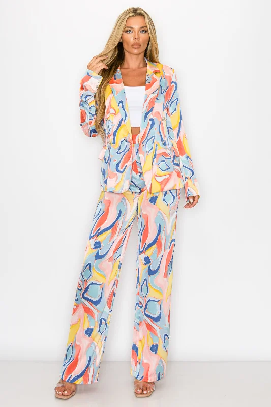 women's hot pantsOne Button Printed Blazer Pant Set