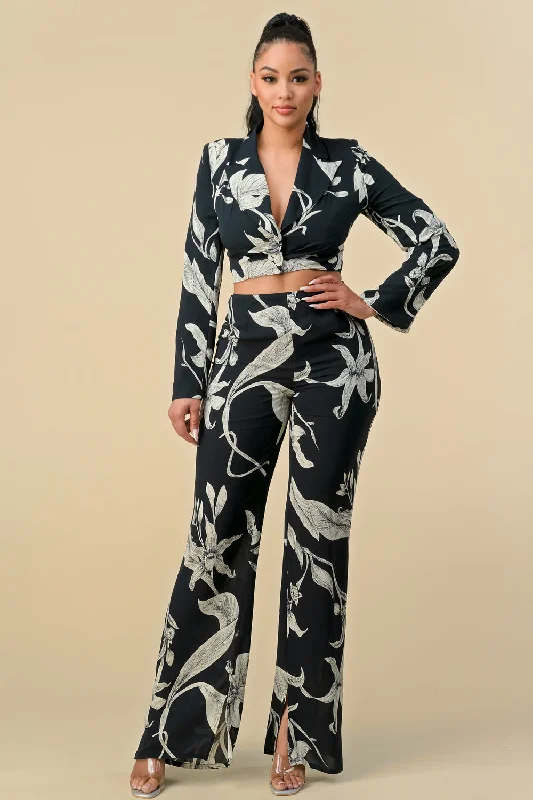 women's party pantsLong Sleeve Crop Blazer Print Pant Set